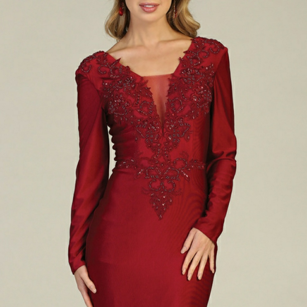 BURGUNDY BLACK OR ROSE Green, LONG SLEEVE FORMAL GOWN - Picture 2 of 10